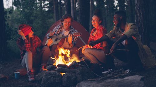 Free Group of friends camping, playing guitar and enjoying campfire in the woods at night. Stock Photo