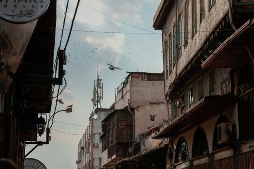 A bustling street in Old Damascus with flocks of pigeons and historic architecture.