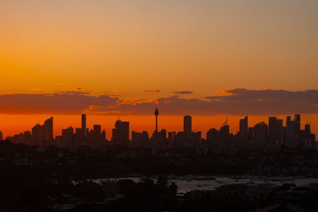Breathtaking view of Sydney's skyline silhouetted against a vivid orange sunset sky.