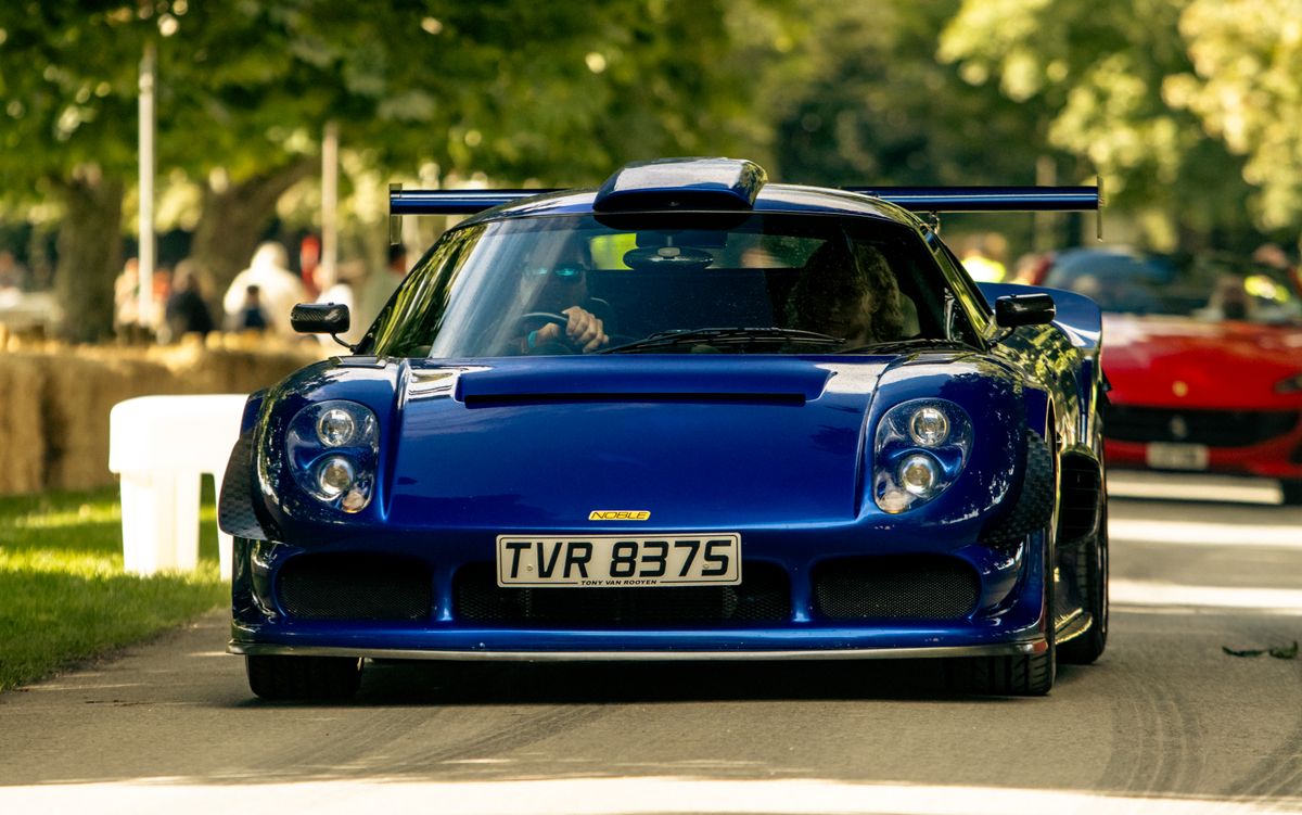Supercar albastru pe aleea cu copaci de la urcare