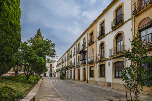 Free Historic architecture and lush greenery line a peaceful street in Úbeda, Spain. Stock Photo
