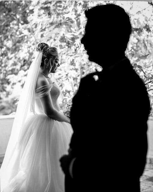 Grayscale Photo of a bride