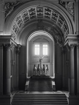 Elegant black and white photograph of intricate Roman interior architecture in Rome, Italy.