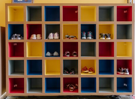 Colorful kids' footwear on display