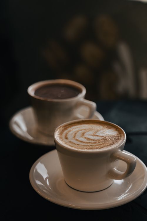 Free Two coffee cups with intricate latte art on saucers, captured indoors in Sakarya, Türkiye. Stock Photo
