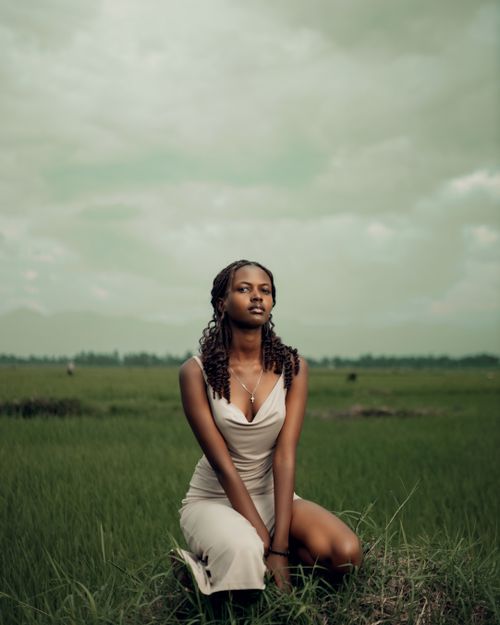 Free A woman in a serene moment, kneeling in a lush green field under a cloudy sky. Stock Photo