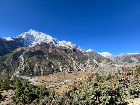Stunning view of snow-capped mountains in the Himalayas under a clear blue sky.