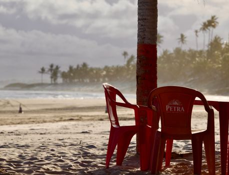 Tranquil beach view with red chairs, palm trees, and ocean waves.