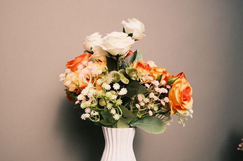 Free A vibrant and elegant floral bouquet in a white vase set against a neutral background. Stock Photo