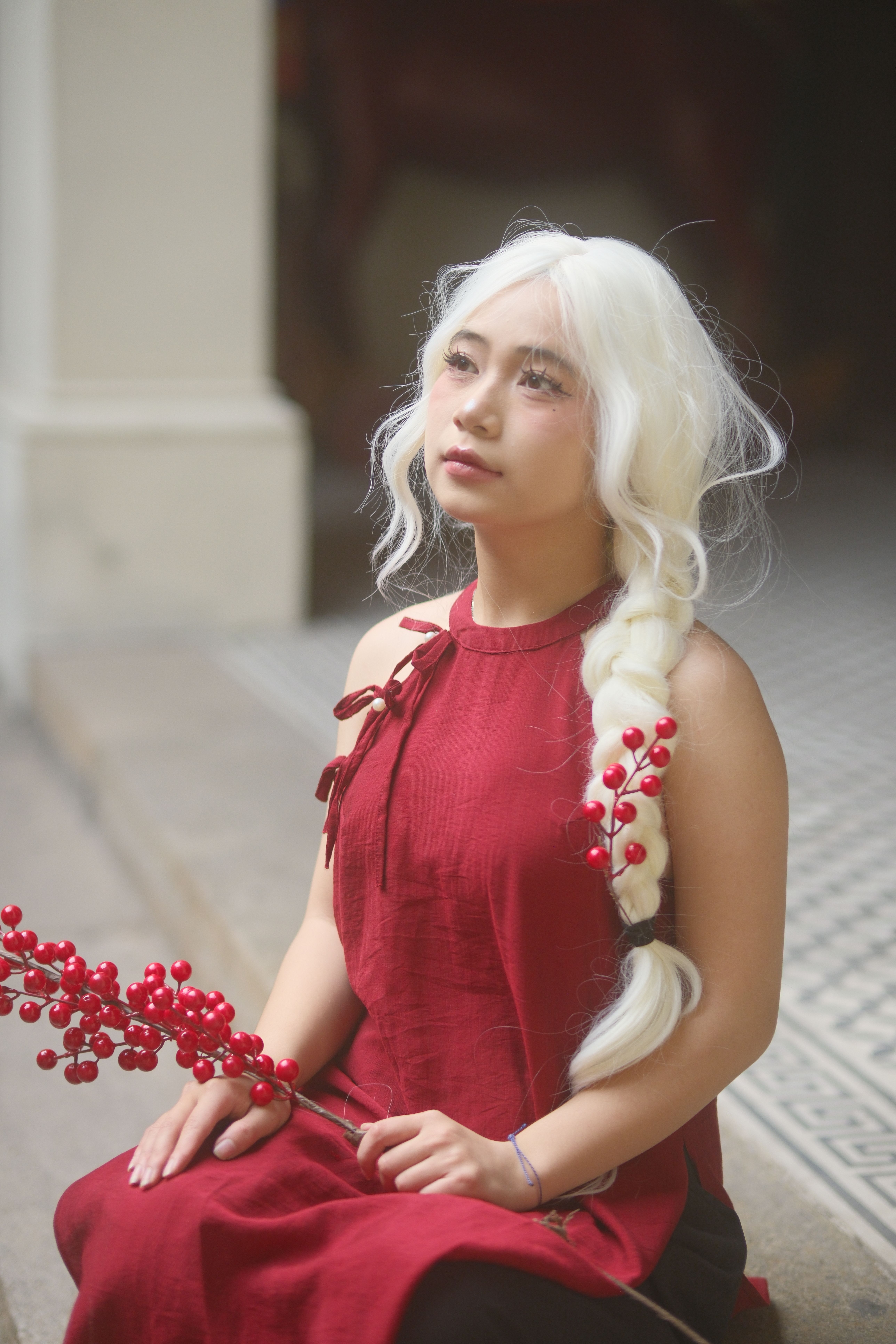 Elegant Woman in Red Dress with White Hair  Free Stock Photo