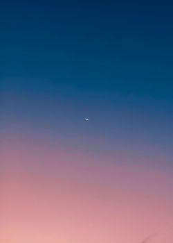 Serene crescent moon in a blue-pink twilight sky, offering tranquility and calm.