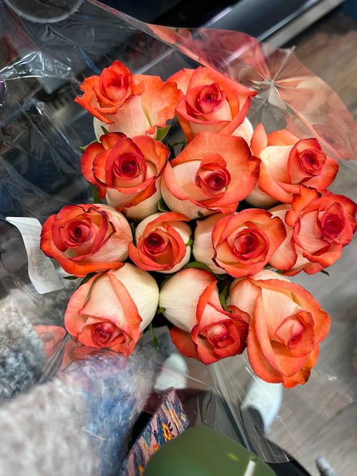 Free A stunning bouquet of orange and cream roses wrapped in clear plastic, perfect for any celebration. Stock Photo