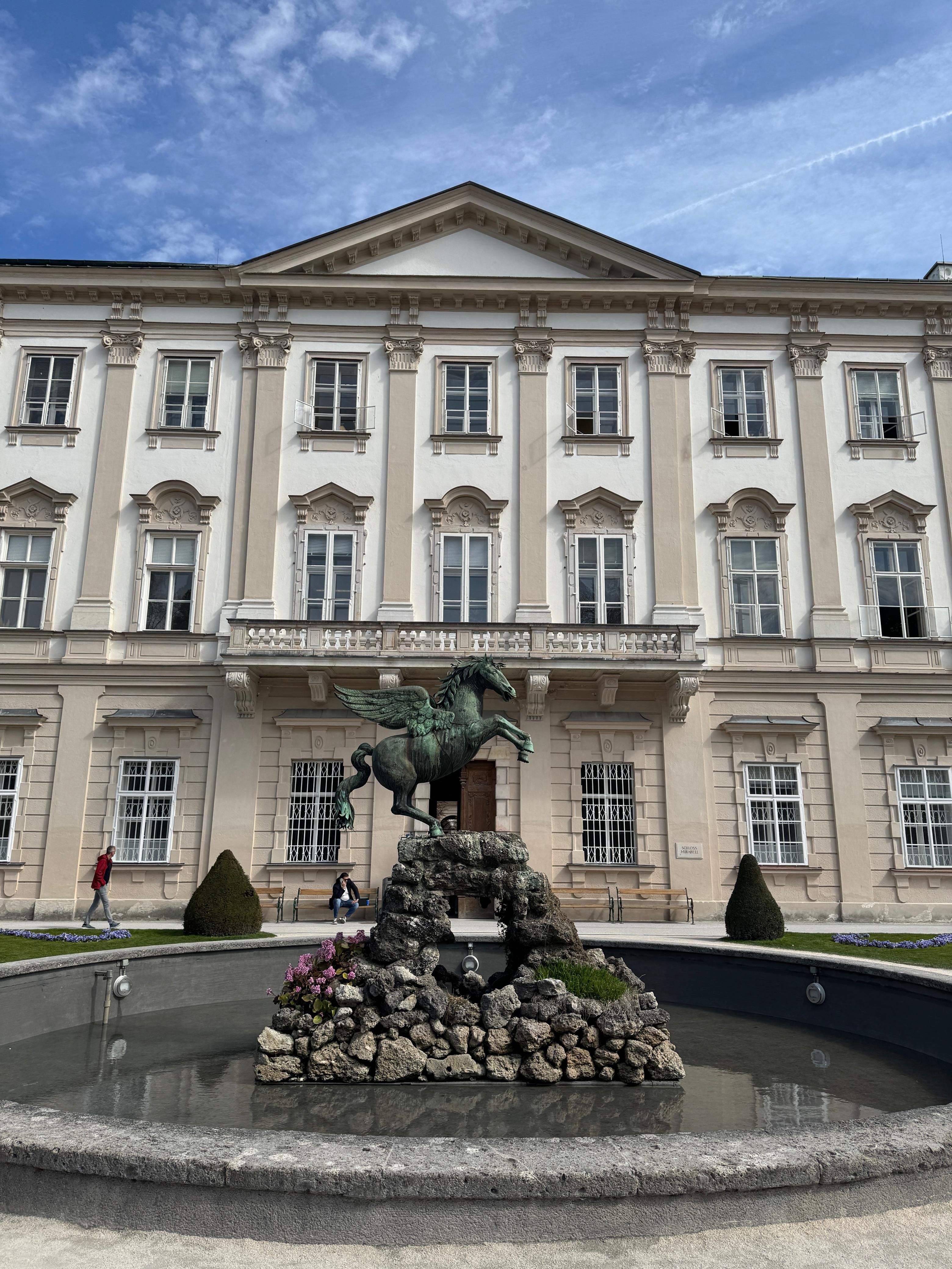 Free Elegant Pegasus statue fountain at historic Mirabell Palace in Salzburg, Austria. Stock Photo