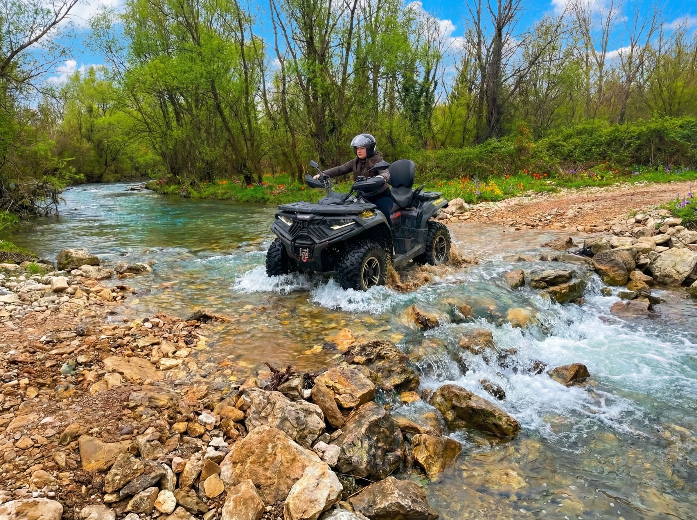 Person on ATV crossing a rocky stream in a lush forest during springtime.