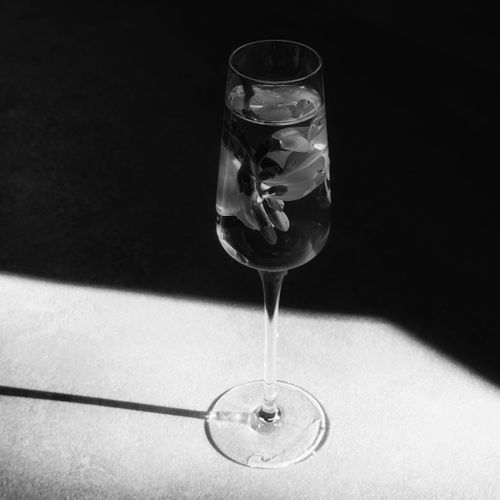 Free Black and white image of a glass with water and flowers in dramatic lighting. Stock Photo