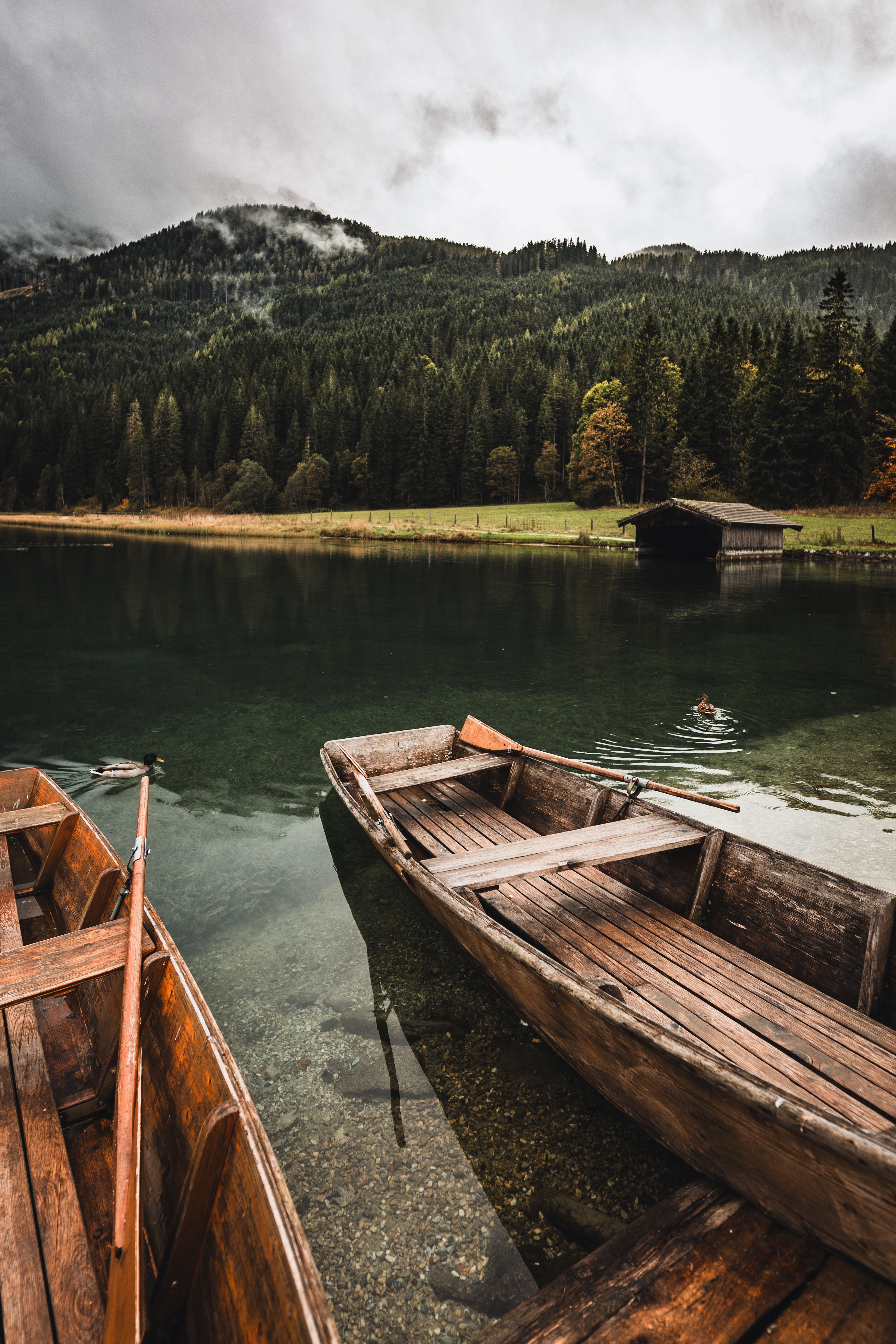 Scenic view of wooden rowboats on a serene mountain lake surrounded by lush forest.