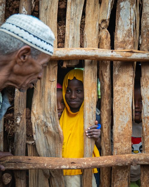 Free Children gazing from behind a wooden structure, captured in a rural setting. Stock Photo