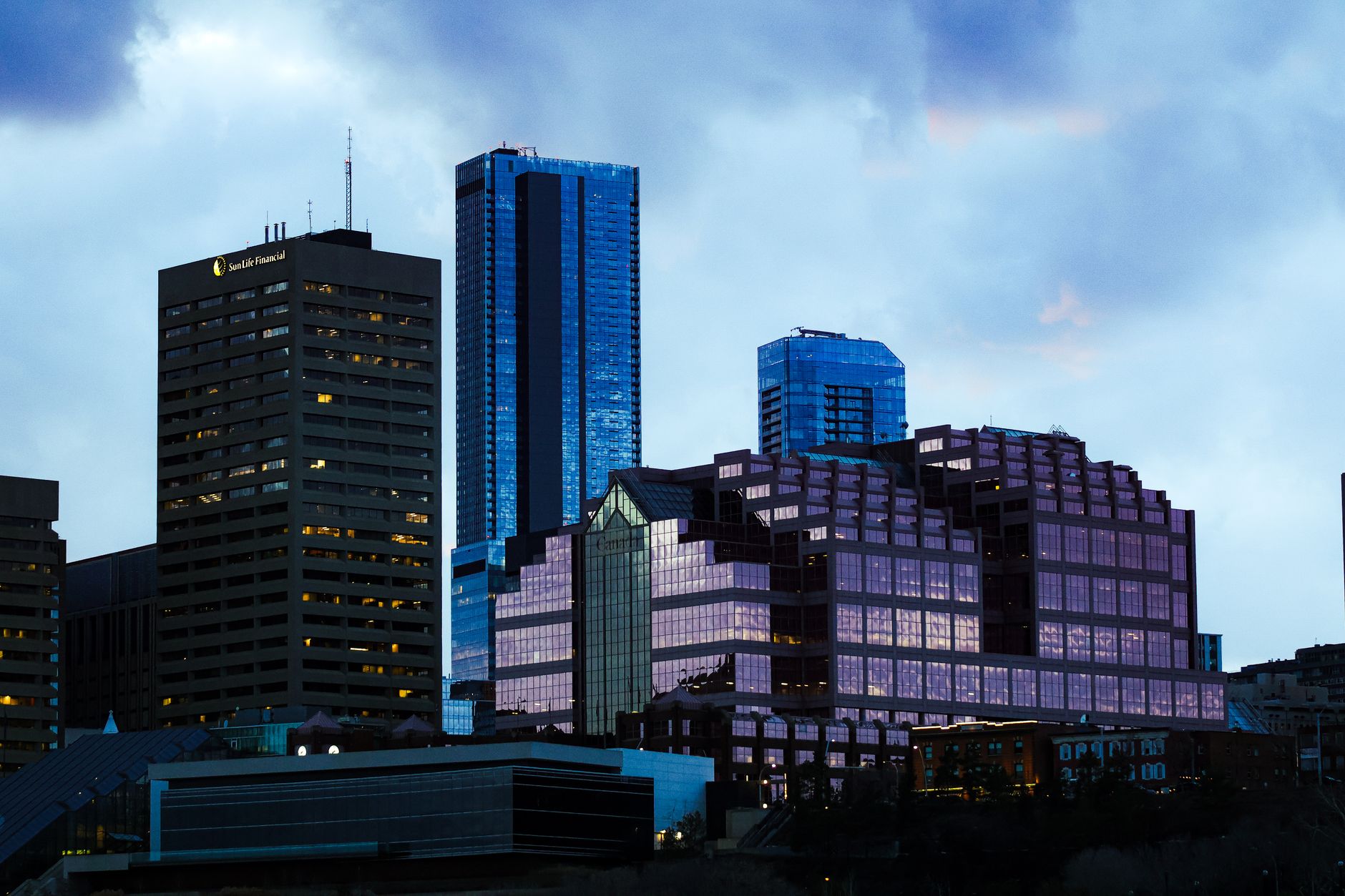 Alberta city skyline at twilight