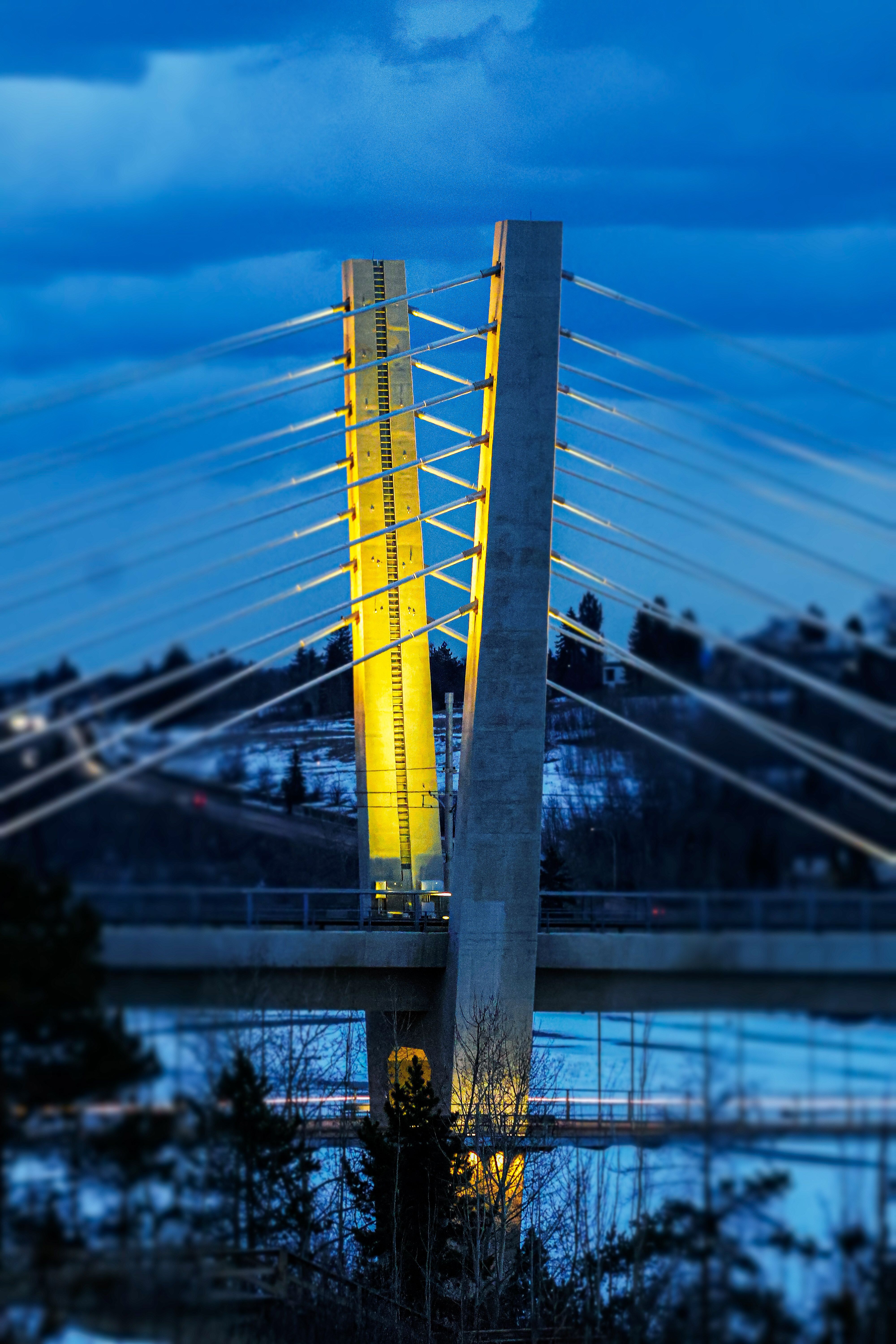 Stunning view of a modern cable-stayed bridge illuminated at night during winter.