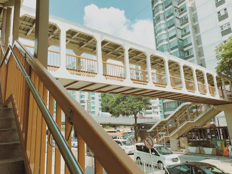 Explore the vibrant urban architecture featuring a modern footbridge in Hong Kong.