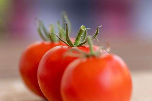 Vibrant red tomatoes with green stems in a close-up shot, showcasing freshness and natural beauty.