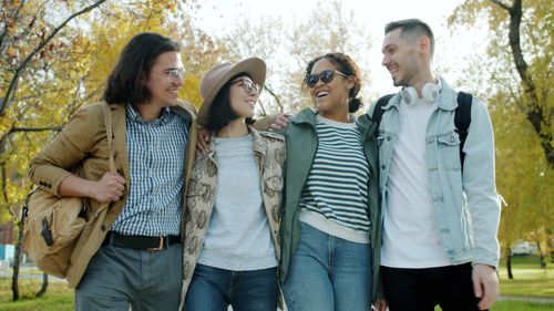 Free Group of friends enjoying a sunny autumn day together in a park. Stock Photo