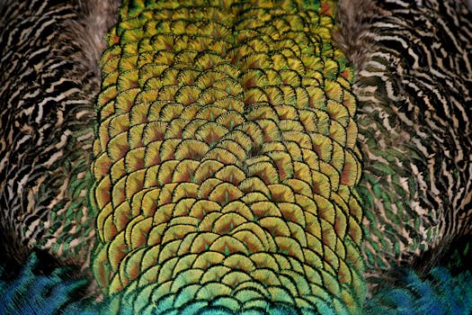 这张色彩缤纷的孔雀羽毛特写，展现了充满活力的图案和彩虹般的色泽