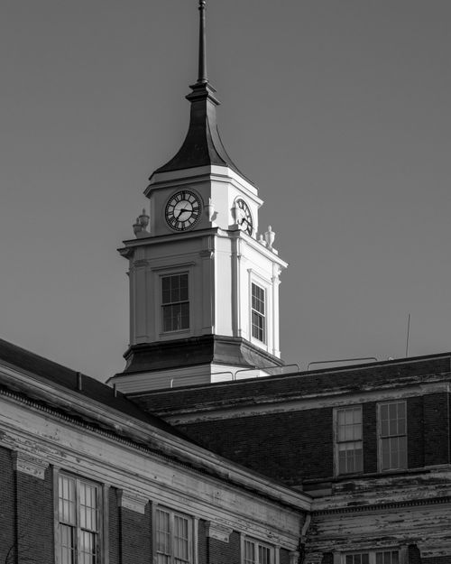 Free Black and white image of a historic clock tower in Somerville, Massachusetts, USA. Stock Photo