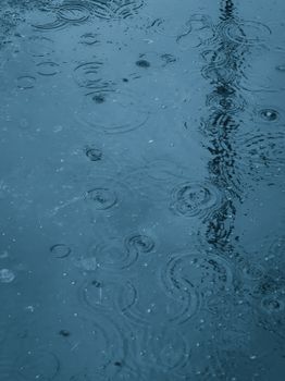 Abstract view of raindrop ripples on a calm blue water surface, capturing the essence of rainfall and tranquility.