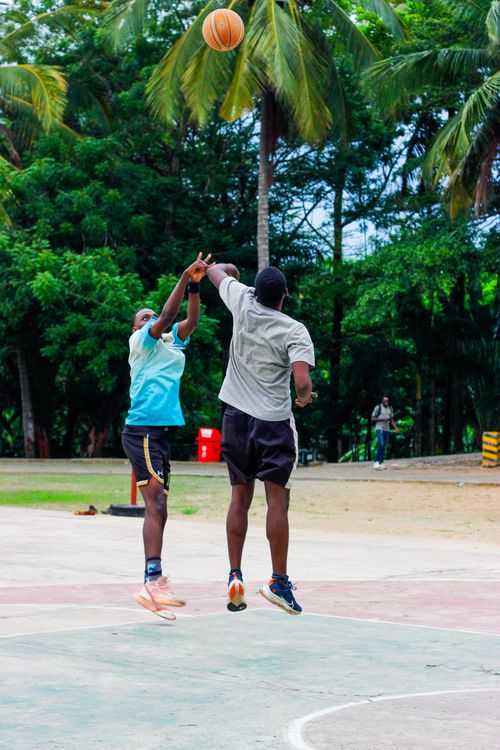 Free Two young men actively playing basketball in an outdoor court surrounded by lush green trees. Stock Photo