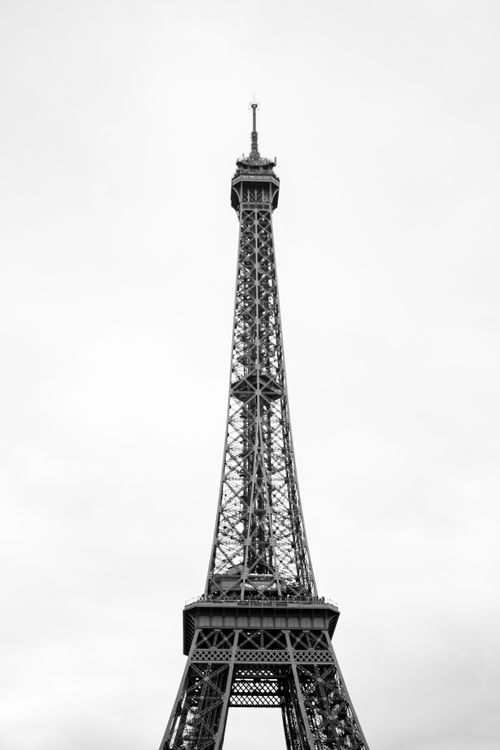 Free Monochrome photo of the Eiffel Tower, showcasing its iconic structure against a light sky. Stock Photo