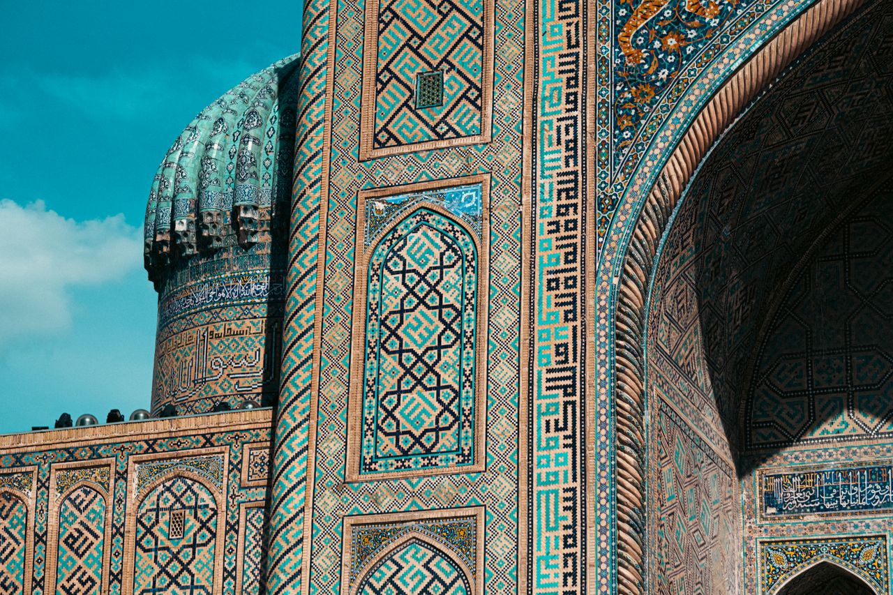 detailed view of ornate mosaic patterns on islamic architecture in uzb