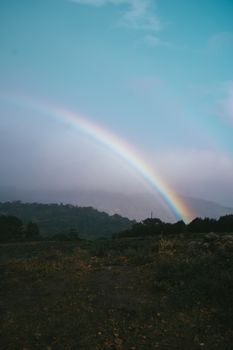 A bright rainbow arcs over a lush green field with a clear blue sky backdrop.