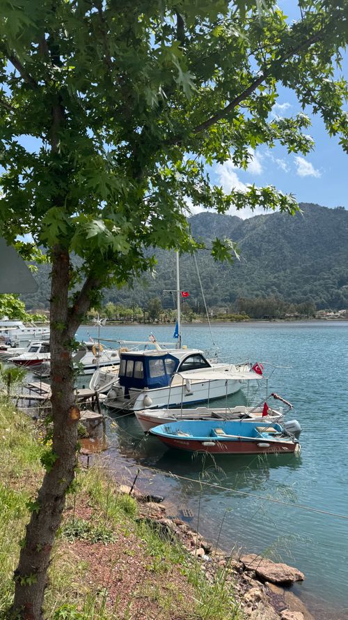 Free Peaceful lake scene with boats docked, lush greenery, and mountain backdrop in Turkey. Stock Photo