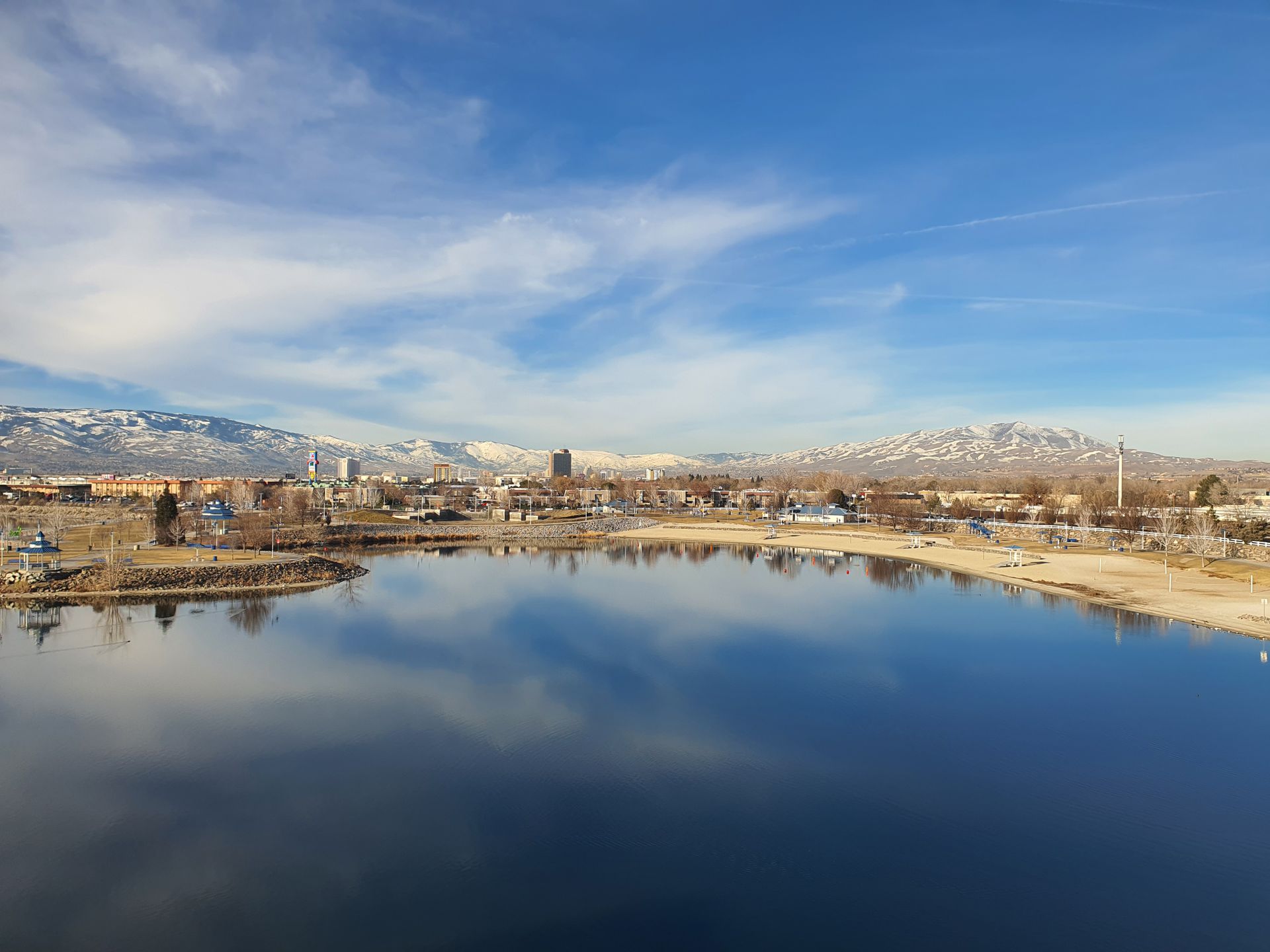 Reno, Nevada skyline with the snow-capped Sierra Nevada mountains behind it