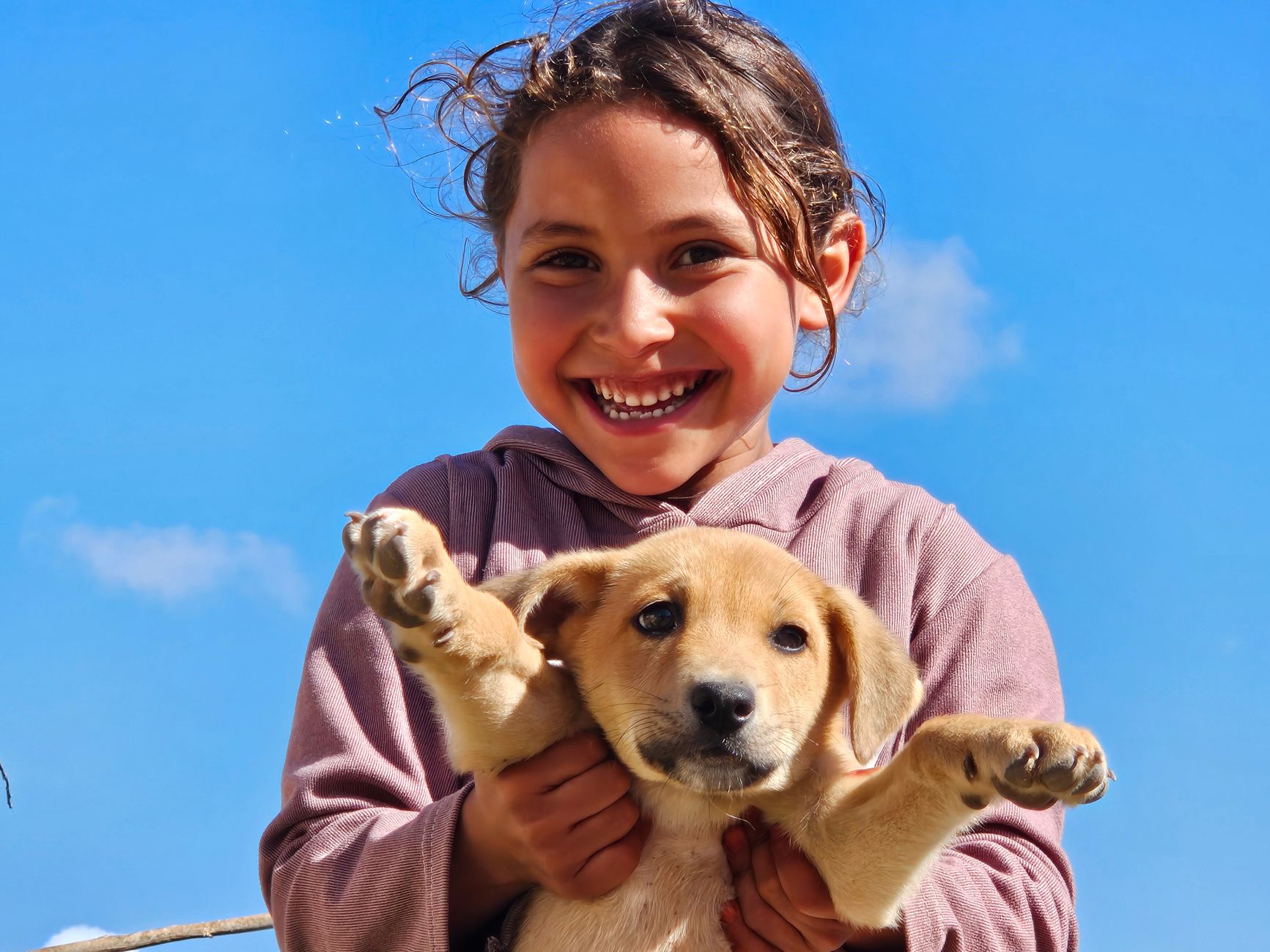 A joyful child with a puppy in Essaouira, capturing innocence and happiness on a sunny day.
