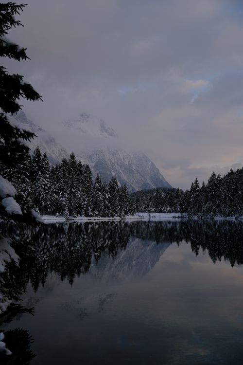 Free Snow-covered trees by a tranquil lake with mountain reflections, capturing winter's beauty. Stock Photo