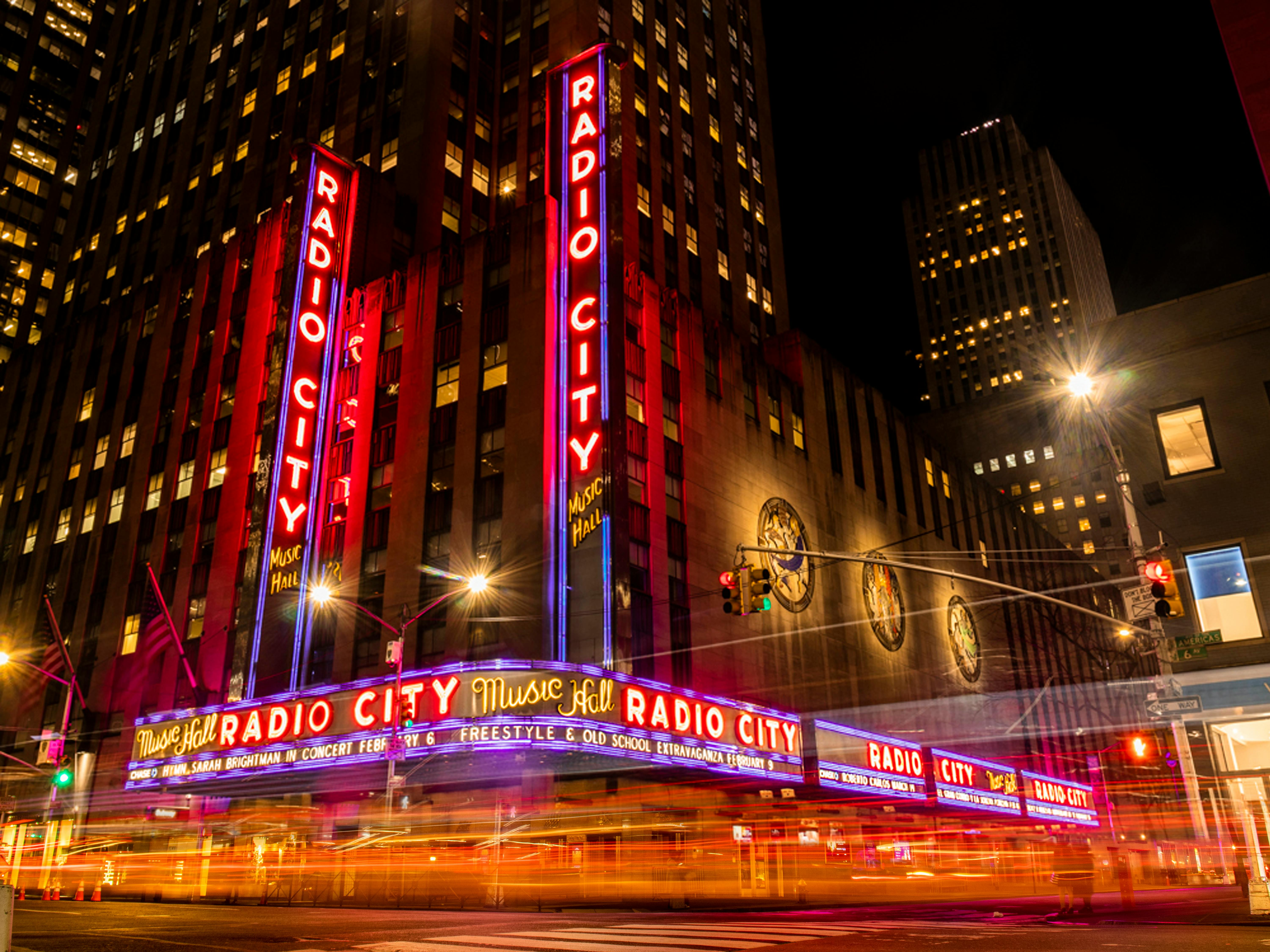 New York City cityscape at dusk with towering skyscrapers