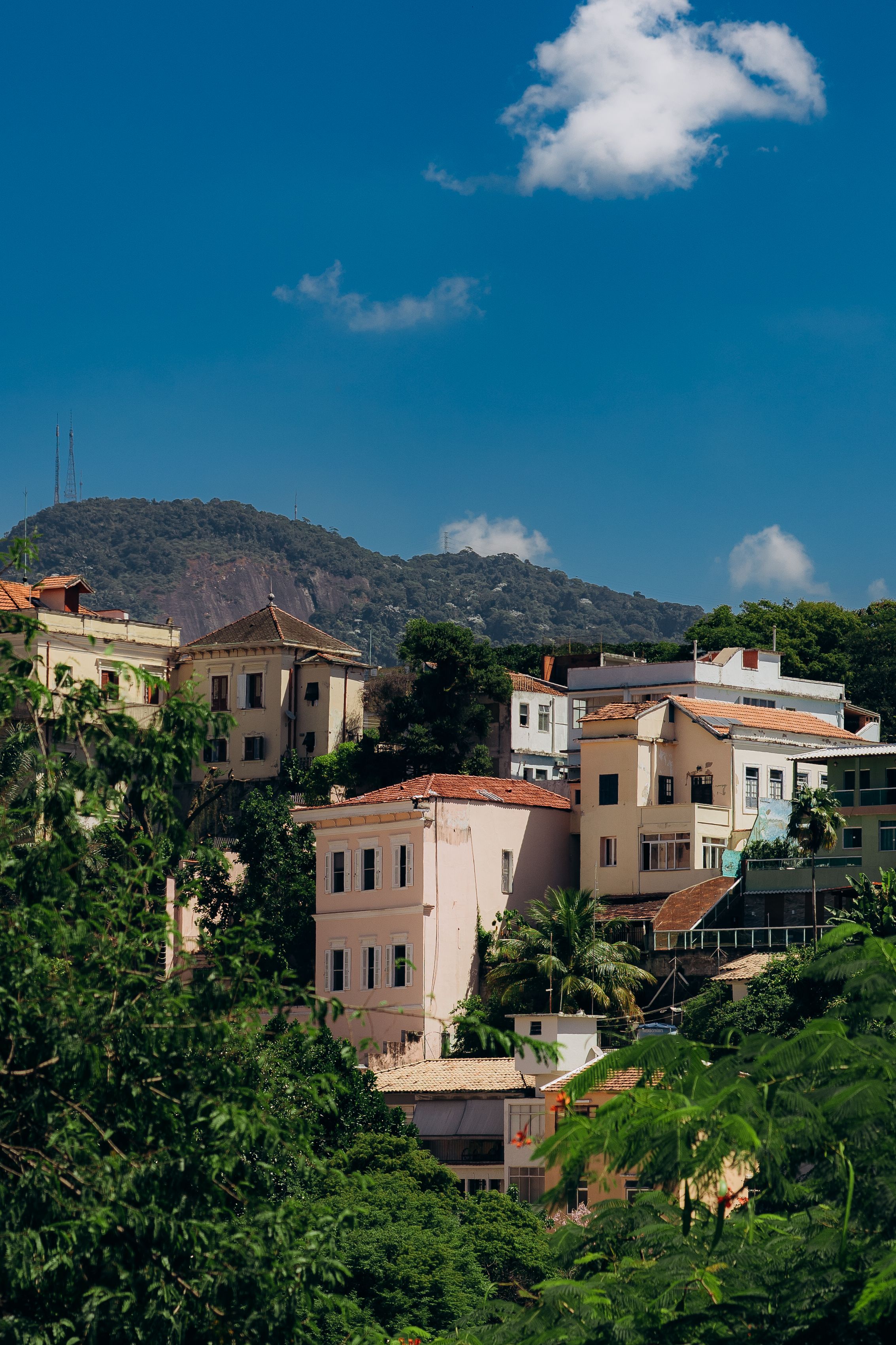 Charming colorful houses in Santa Teresa neighborhood, Rio de Janeiro, with lush greenery and blue sky.
