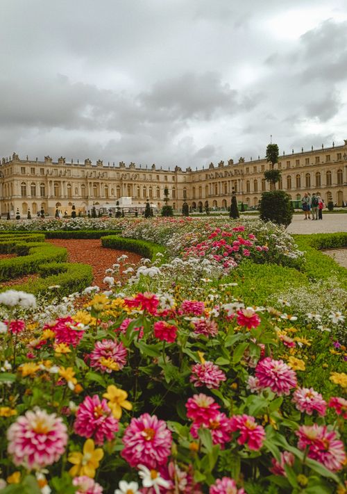 Free Vibrant floral gardens in front of the historic Palace of Versailles, France. Stock Photo
