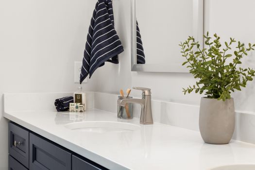 Bright modern bathroom vanity with a potted plant and striped towel.