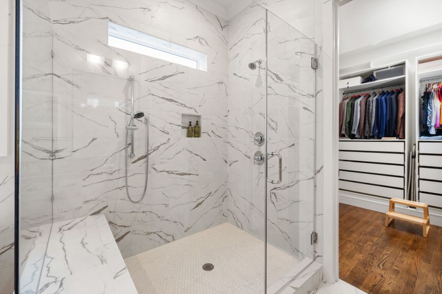Tub to shower conversion with frameless glass in Las Flores Ridge master bathroom