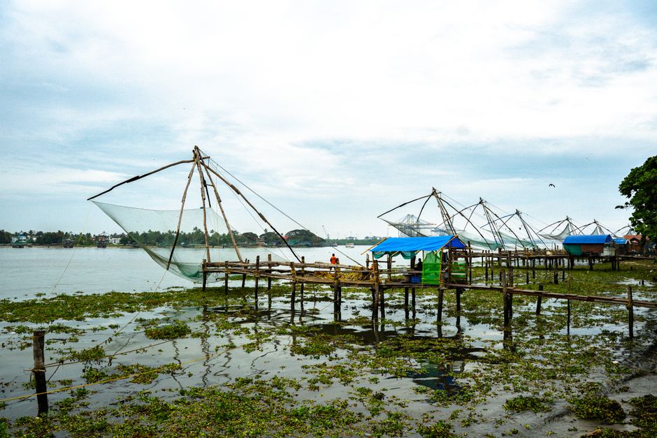 Scenic view of traditional Chinese fishing nets at Fort Kochi, Kerala, India.