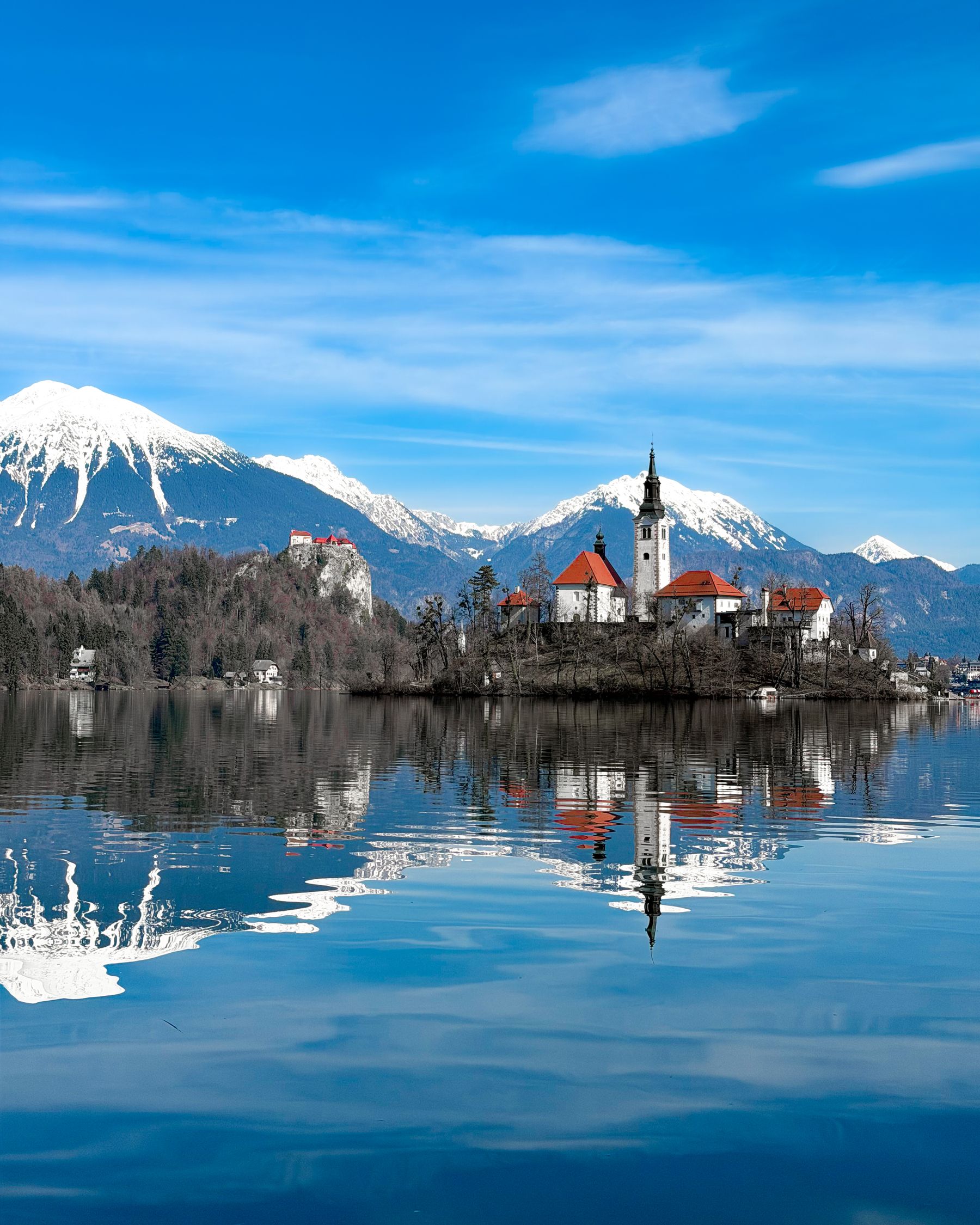 Lake Bled and the Julian Alps reflected on a clear day