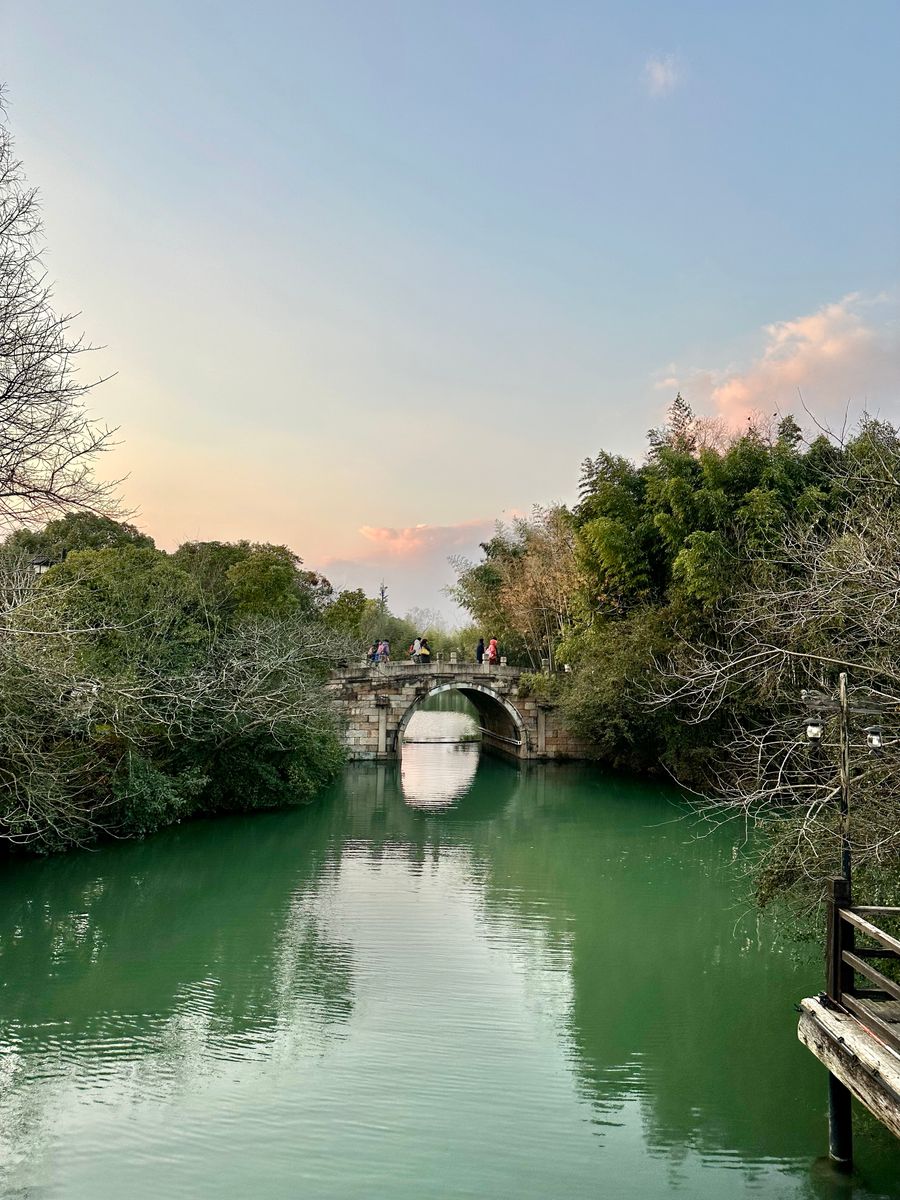 A Chinese canal-side old town with a stone bridge over green water