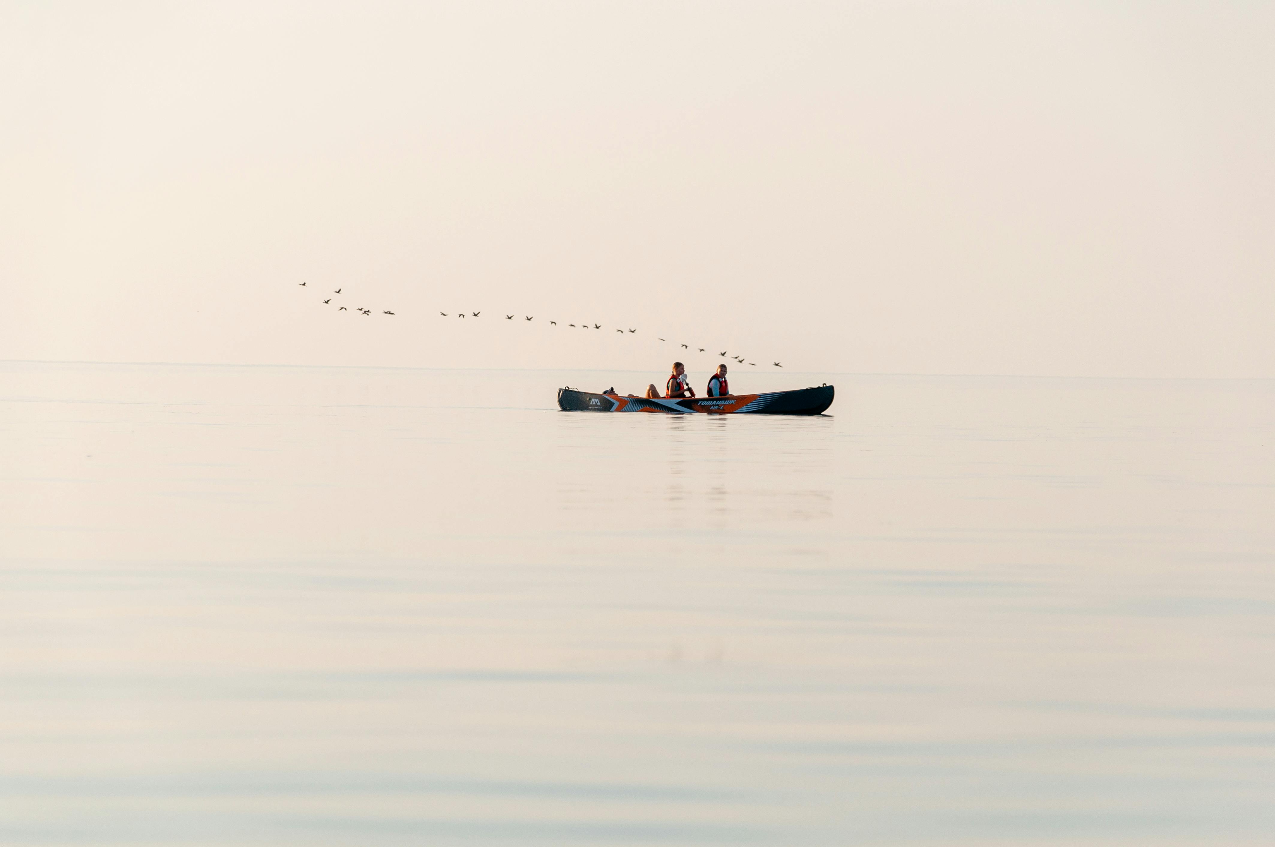 Two people enjoying a peaceful canoe ride on calm waters during sunset with birds in the sky.