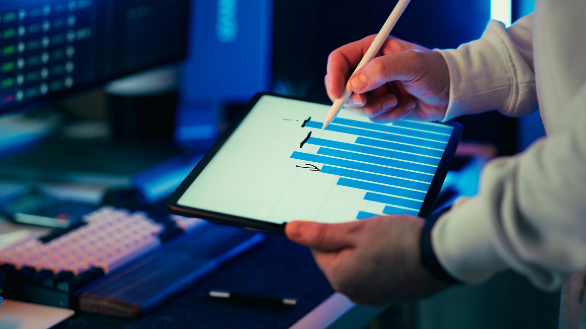 small business owner reviewing email analytics dashboard