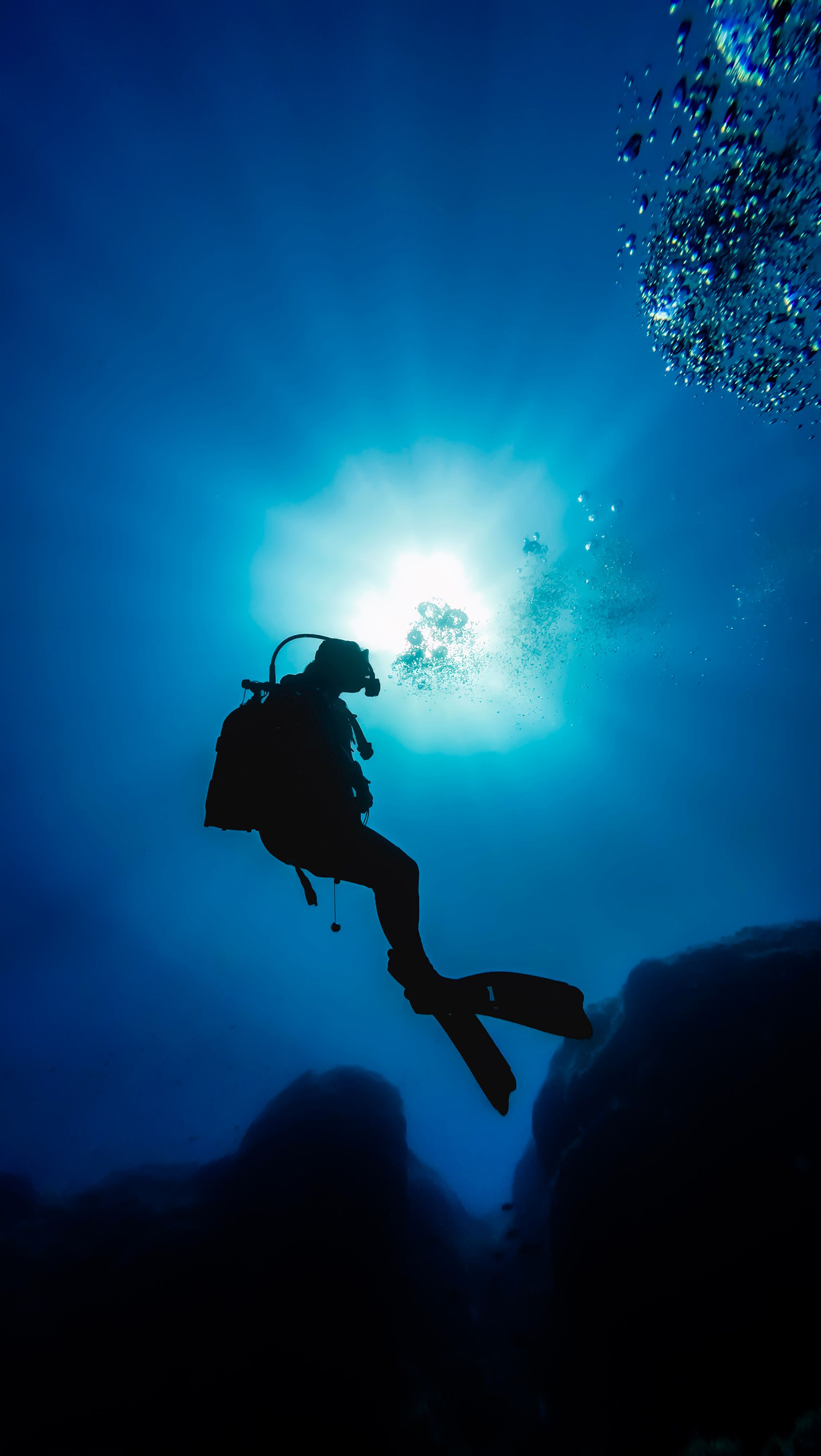 Gratuit Un plongeur en plongée sous-marine en silhouette explore un paysage sous-marin vibrant à Karaburun, en Turquie. Photos