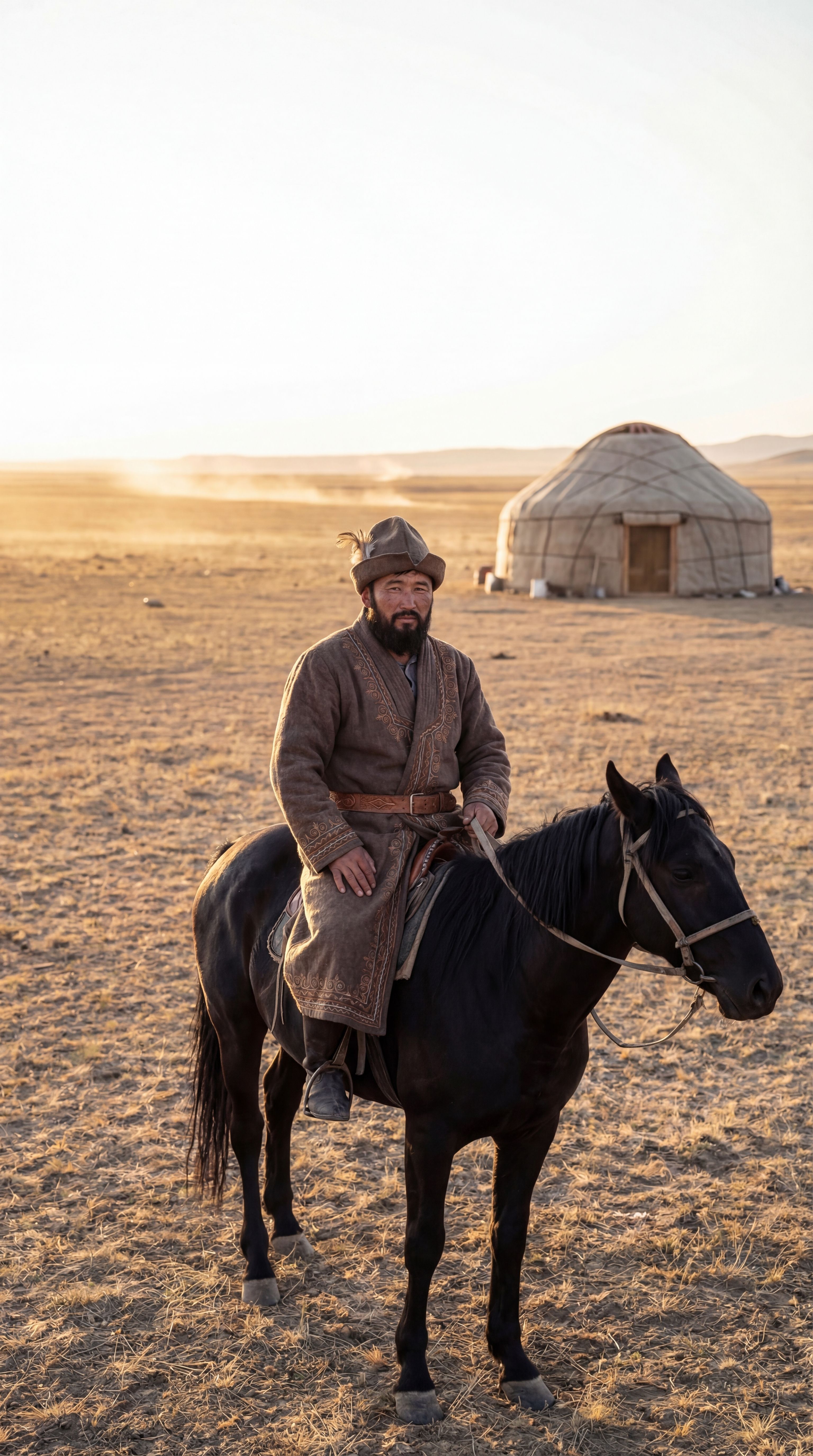 A traditional horseman in Kazakh attire rides in the steppe of Almaty, Kazakhstan.