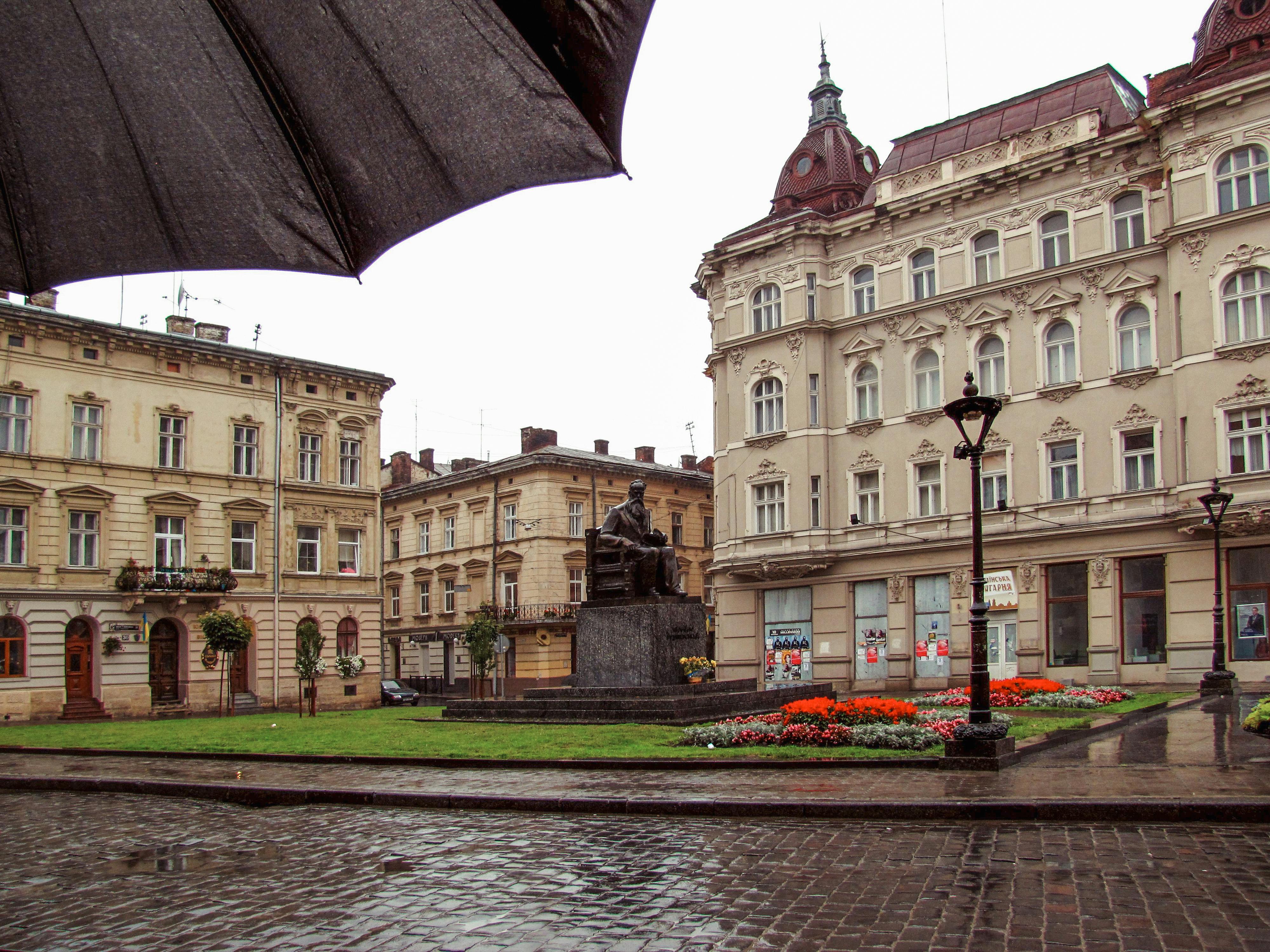 Captured in Lviv, Ukraine, this scene showcases classic architecture and a monument under a rainy sky.